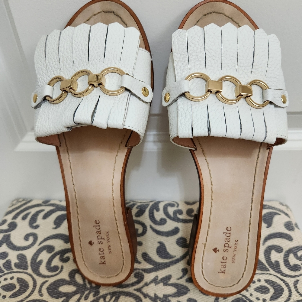 Kate Spade Brie White Leather Fringe Slides Size 7.5 - Picture 3 of 6